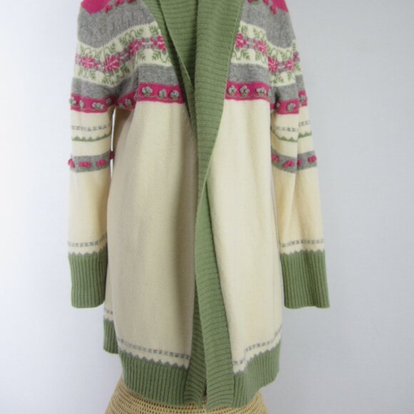 Vtg Gap Body Women M Ivory Green Pink Long Sweater Coat Cardigan Fair Isle Lined - Picture 2 of 12